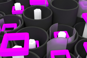 Obraz premium Pattern of black tubes, hexagons, square elements and glass surfaces