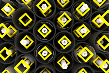 Pattern of black tubes, hexagons, square elements and glass surfaces