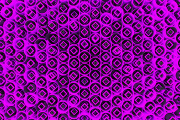 Pattern of colored tubes, repeated square elements, black hexagons and surfaces