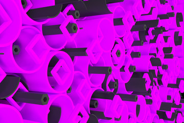 Pattern of colored tubes, repeated square elements, black hexagons and surfaces