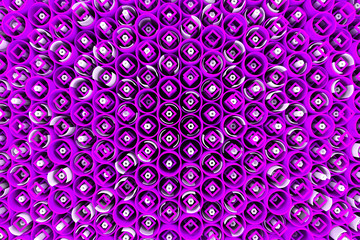 Pattern of colored tubes, repeated square elements, white hexagons and surfaces