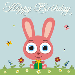 Obraz na płótnie Canvas Happy birthday! Funny bunny rabbit with gift in cartoon style. Card with bunny rabbit for child birthday.