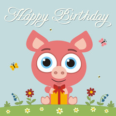 Happy birthday! Funny little pig with gift in cartoon style. Card with pig for child birthday.