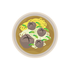 hot yellow noodle soup with meat balls in chinese bowl on white background, vector illustration
