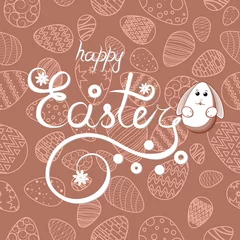 Gordijnen vector congratulation on Easter. Pattern on a Brown background of eggs. The hare is in the form of eggs.  inscription - happy easter © zhanstudio