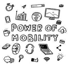 Hand draw business doodles power of mobility icons and words set on white background.Concept for business idea,startup and innovation technology.Doodle art collection.
