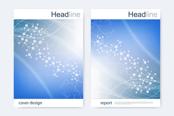 Scientific brochure design template. Vector flyer layout, Molecular structure with connected lines and dots. Scientific pattern atom DNA with elements for magazine, leaflet, cover, poster design.