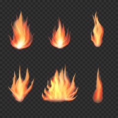 Transparent realistic fire flame, bonfire set