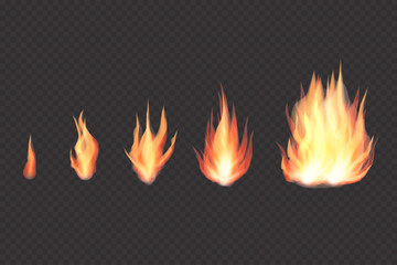 Transparent realistic fire flame, bonfire set