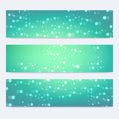 Scientific set of modern vector banners. DNA molecule structure with connected lines and dots. Science vector background. Medical, tecnology, chemistry design.