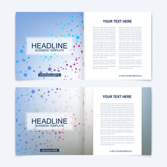 Templates for square brochure. Leaflet cover presentation. Business, science, technology design book layout. Scientific molecule background