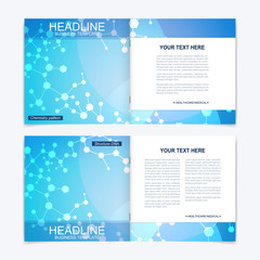 Templates for square brochure. Leaflet cover presentation. Business, science, technology design book layout. Scientific molecule background