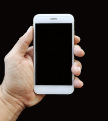 mockup image of hands holding white mobile phone with blank black screen
