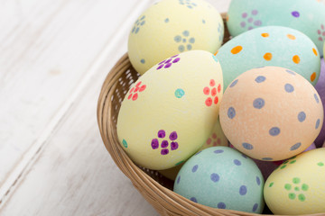 Close Up of Easter Eggs in Wicker Bowl Copy Space