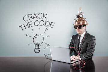 Crack the code text with vintage businessman using laptop