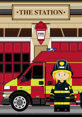 Cute Cartoon Female Fireman and Fire Truck - 141455626