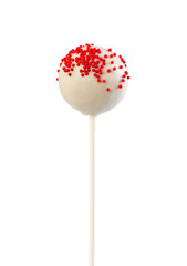 Cake pop in white glaze with red sprinkles