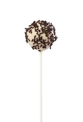 Cake pop in white glaze with chocolate sprinkles