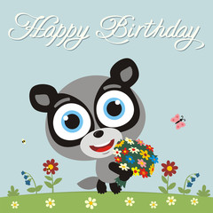 Happy birthday to you! Funny badger with flowers. Birthday card with badger in cartoon style.