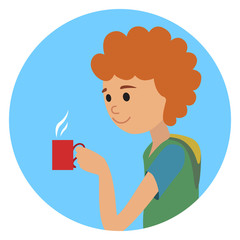 Man with cup in his hand drinking hot coffee. Vector illustration icon