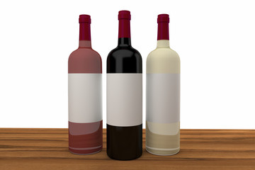 3 wine bottles on wood table white background 3d rendering