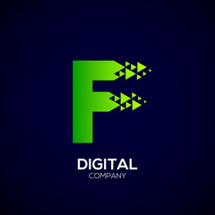 Letter F Pixel logo, Triangle, Arrow and forward logo, Green color,Technology and digital logotype