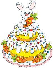 Festively decorated Easter cake with a small white bunny and carrots