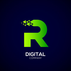 Obraz premium Letter R Pixel logo, Triangle, Arrow and forward logo, Green color,Technology and digital logotype