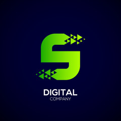 Letter S Pixel logo, Triangle, Arrow and forward logo, Green color,Technology and digital logotype