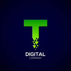 Letter T Pixel logo, Triangle, Arrow and forward logo, Green color,Technology and digital logotype
