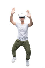 Happy young asian man using the virtual reality headset isolated on white with copy space