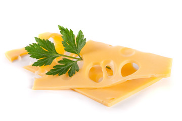 cheese slice with leaf parsley isolated on white background cutout