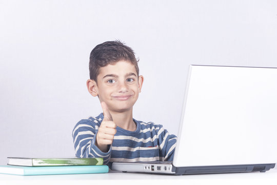 Happy young boy using a laptop computer (e learning concept)