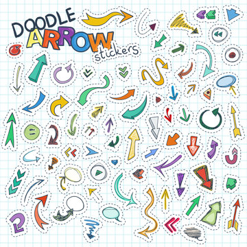 Set of doodle arrow tags and stamps with routed, signs, balloons, guides