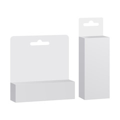 White blank paper packaging box with hanging hole isolated. Two white boxes for cosmetic or medical products. Mockup for design or branding. Vector illustration