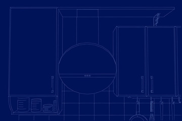 Front view of kitchen cabinetry with round hood. Blueprint.