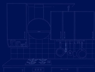 Blueprint of modern kitchen area with round hood, cabinets and appliances. Front view.