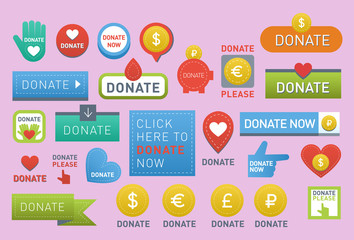 Donate buttons vector set illustration help icon donation gift charity isolated support design sign contribute contribution give money giving symbol