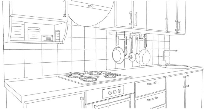 Small kitchen area with utensils and tile splash back. Outline perspective drawing.