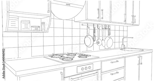 Small Kitchen Area With Utensils And Tile Splash Back Outline Perspective Drawing Small Kitchen Area With Utensils And Tile Splash Back Outline Perspective Drawing