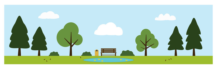 Park vector including bench, trees, bushes, clouds, pond, ducks and birds. Park items isolated on background.