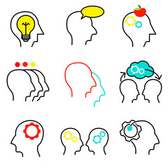 Human mind icons, thin line style. A man with ideas, the concept of a creative symbol. Color style of the 80's