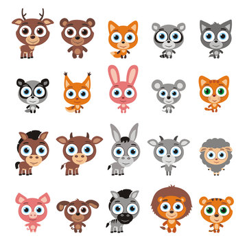Big set cute animals with big eyes in cartoon style. Vector collection isolated animals on white background.