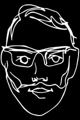sketch of the face of an adult male with a beard wearing glasses