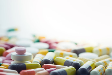 Medical,pharmacy theme background concept.Many different colorful medication and pills.