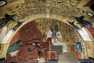 Wall painting and decoration of the tomb: ancient Egyptian gods and hieroglyphs in wall painting