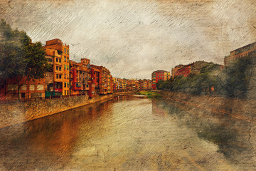 channel in Gerona. Spain. Picture in artistic retro style.