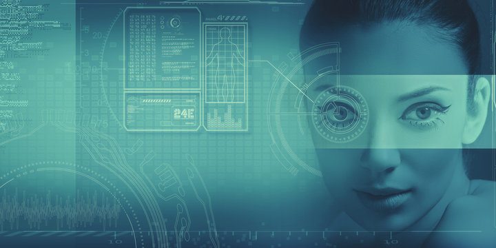 Abstract science and technology background with human face and graphs