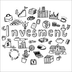 Hand draw business doodles with varieties of business icons and words set on white background.Concept for business idea,startup and innovation technology.