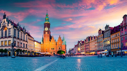Colorful evening scene on Wroclaw Market Square
